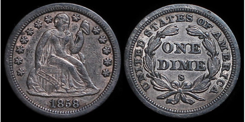 1858-S Seated Liberty Dime, Original AU