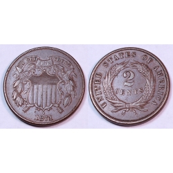 1871 Two Cent, Choice Brown AU+