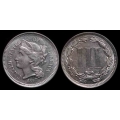 1867 Three Cent Nickel, Choice BU
