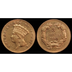 $3.00 Gold, 1869, AU Details