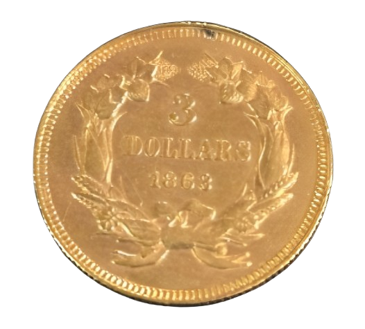 A gold coin with the date 1 8 6 3.